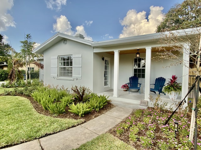 view of exterior entry with a porch and stucco siding