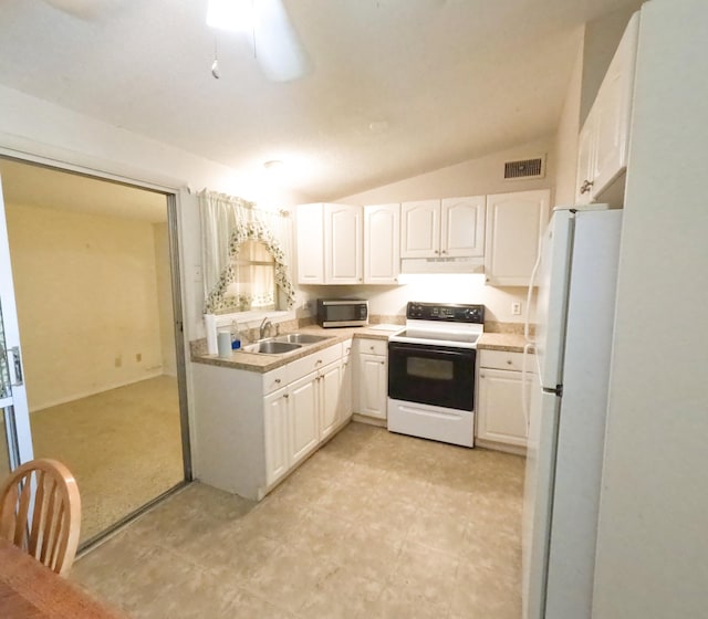 kitchen with white appliances, visible vents, lofted ceiling, white cabinetry, and a sink