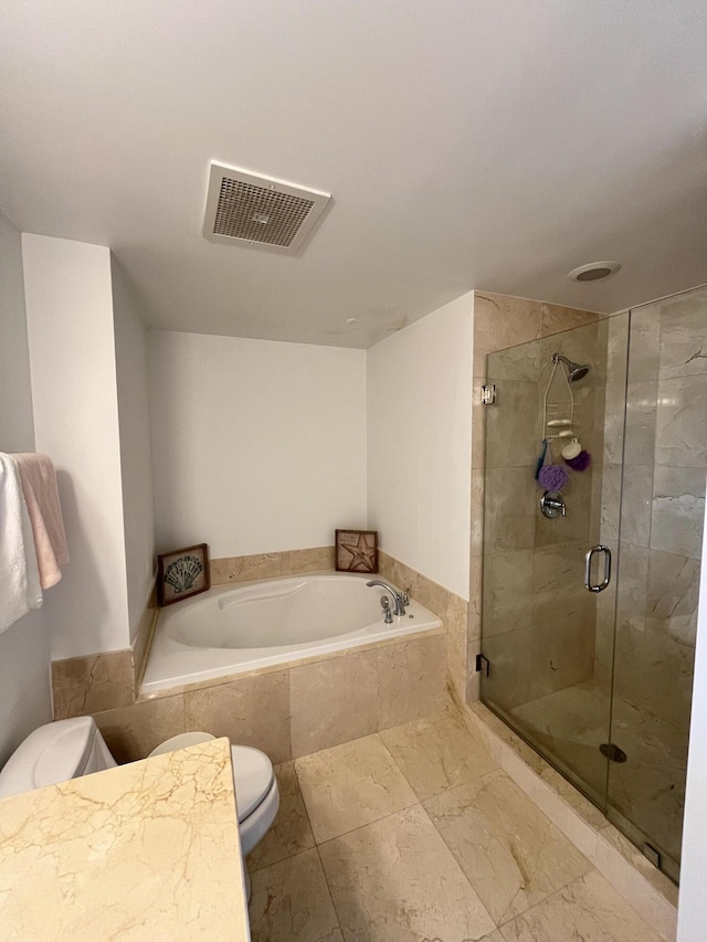 full bathroom featuring marble finish floor, visible vents, toilet, a shower stall, and a bath