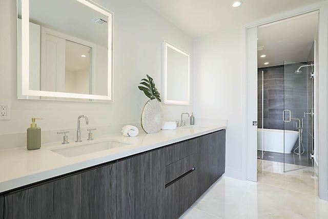 bathroom featuring a sink, visible vents, double vanity, and a shower stall