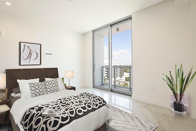 bedroom featuring access to exterior, baseboards, floor to ceiling windows, recessed lighting, and marble finish floor