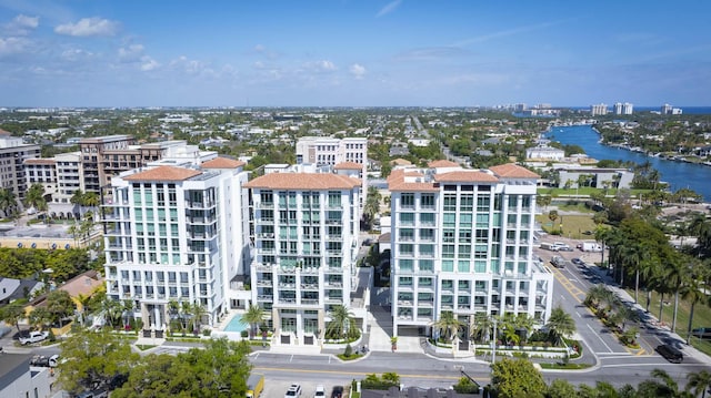 bird's eye view with a water view and a view of city