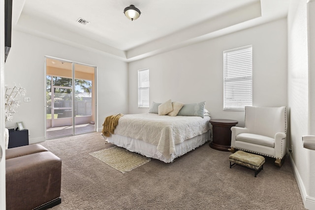 bedroom featuring access to outside, a raised ceiling, carpet flooring, and baseboards