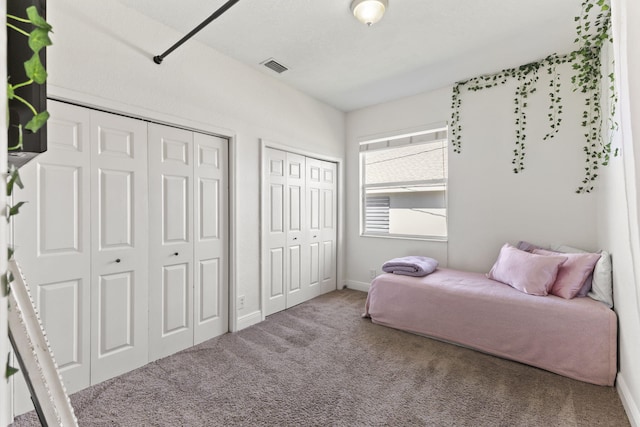 carpeted bedroom featuring baseboards, visible vents, and multiple closets