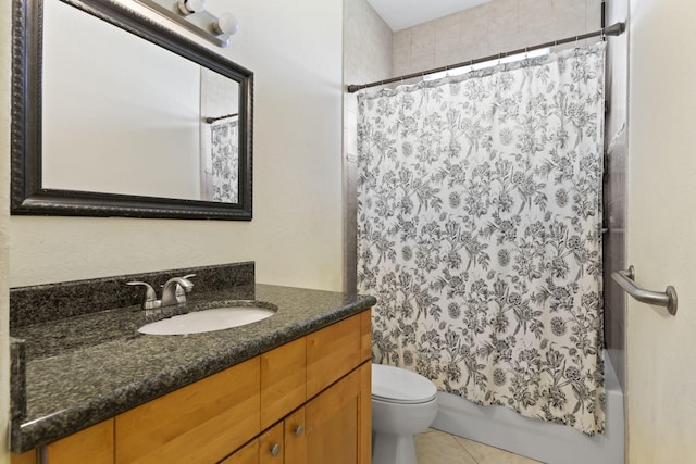 bathroom with toilet, tile patterned flooring, shower / tub combo with curtain, and vanity