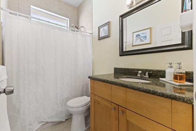 full bath with vanity, curtained shower, tile patterned flooring, and toilet