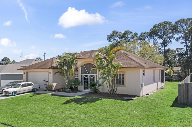 single story home featuring a garage, concrete driveway, stucco siding, fence, and a front yard