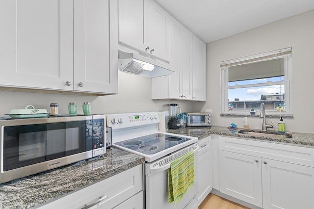 kitchen with stainless steel microwave, white electric range, under cabinet range hood, white cabinetry, and a sink