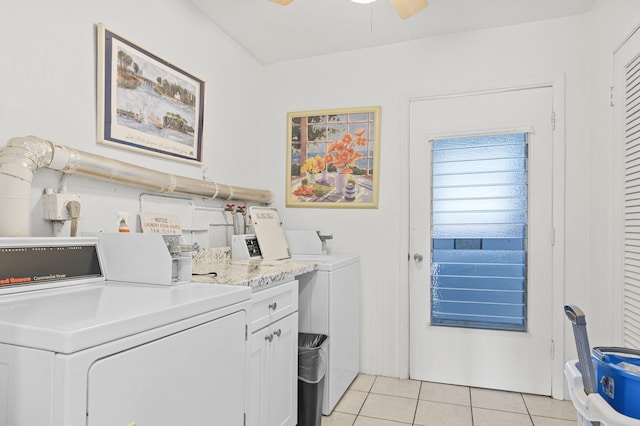 community laundry room with ceiling fan, washer and clothes dryer, and light tile patterned flooring