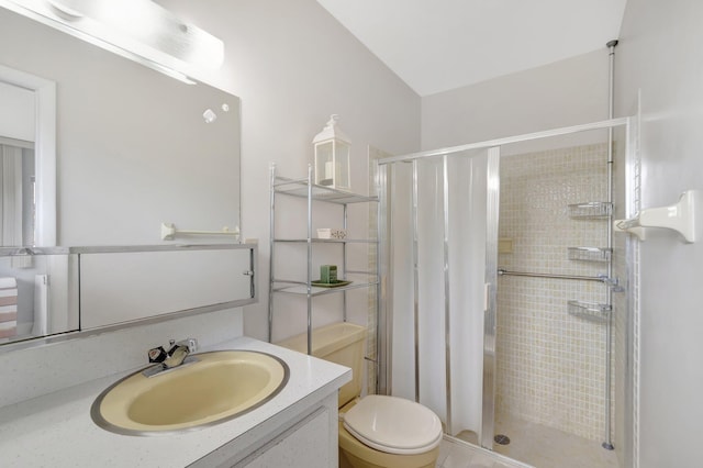 bathroom with vanity, a shower stall, and toilet