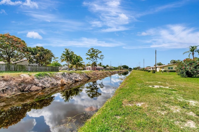 property view of water featuring fence