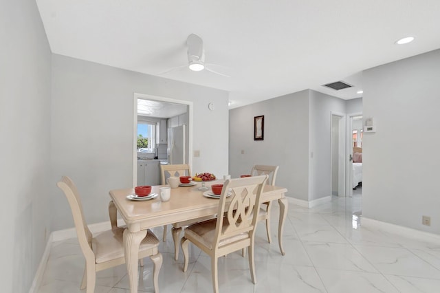 dining space featuring visible vents, baseboards, ceiling fan, marble finish floor, and recessed lighting