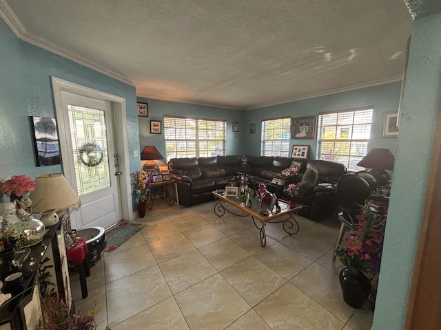 living room featuring a textured ceiling, light tile patterned floors, and crown molding