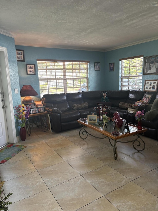 tiled living area featuring a wealth of natural light, crown molding, and a textured ceiling