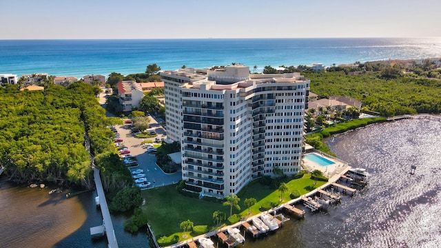 bird's eye view with a water view