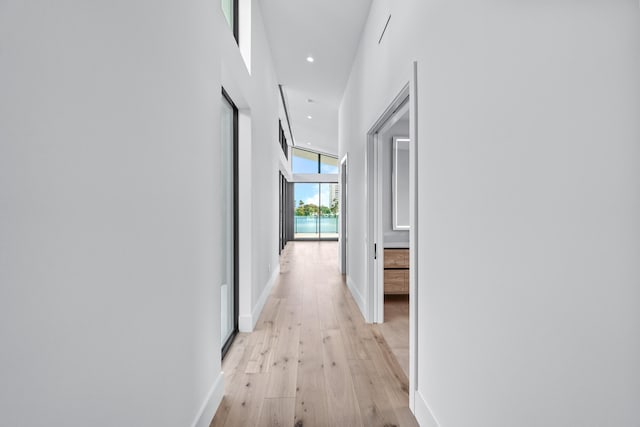 hallway featuring light wood-type flooring, baseboards, expansive windows, and recessed lighting