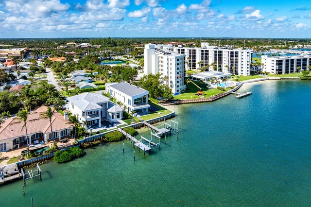 aerial view featuring a water view