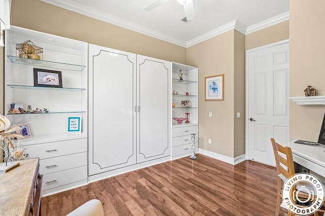 office area with visible vents, wood finished floors, crown molding, baseboards, and ceiling fan