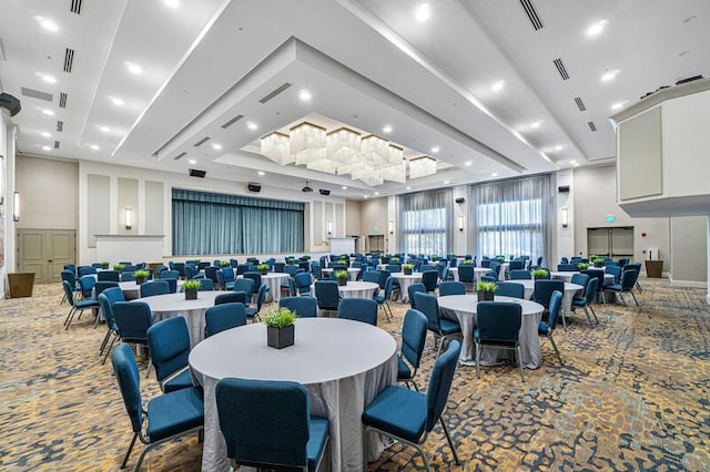 dining space featuring carpet flooring, recessed lighting, and visible vents