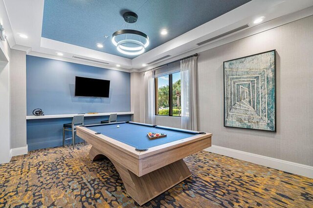 rec room featuring billiards, visible vents, carpet floors, baseboards, and a tray ceiling