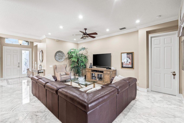 living area featuring visible vents, a ceiling fan, marble finish floor, and recessed lighting