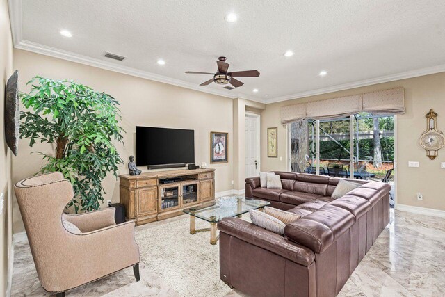 living room featuring recessed lighting, visible vents, baseboards, and marble finish floor