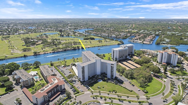 bird's eye view with a water view