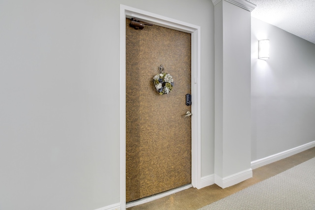 interior details featuring baseboards, carpet floors, and a textured ceiling