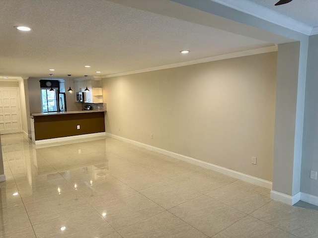 4822 Esedra Ct Unit 101, Lake Worth, FL 33467 - unfurnished living room featuring ornamental molding, recessed lighting, baseboards, light tile patterned floors, and a textured ceiling
