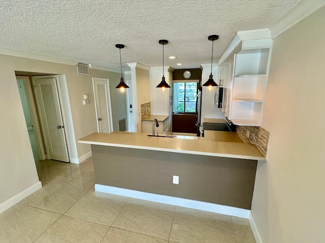 4822 Esedra Ct Unit 101, Lake Worth, FL 33467 - kitchen featuring electric stove, open shelves, ornamental molding, light tile patterned floors, and pendant lighting