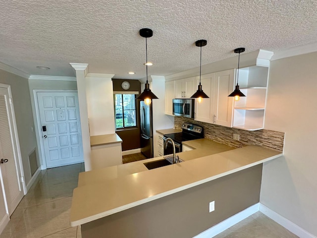 4822 Esedra Ct Unit 101, Lake Worth, FL 33467 - kitchen with stainless steel microwave, electric stove, open shelves, freestanding refrigerator, and a peninsula