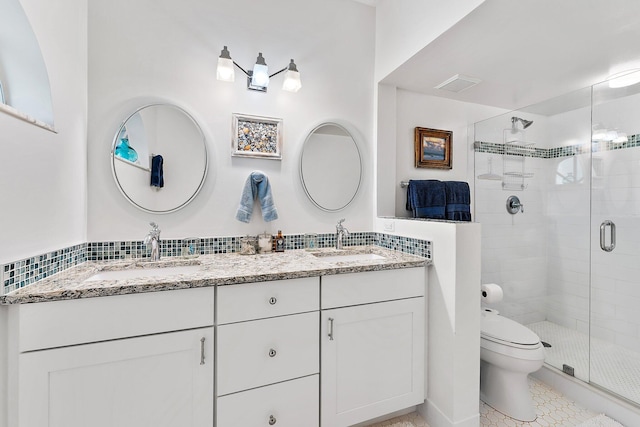 full bath with visible vents, a sink, a shower stall, and toilet