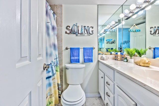 full bath featuring baseboards, toilet, a shower with curtain, marble finish floor, and vanity