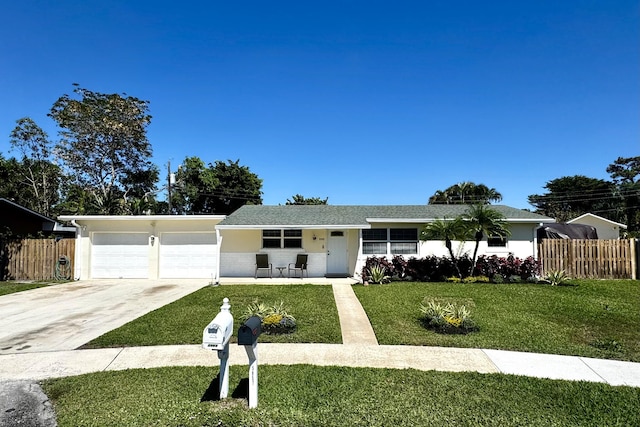 single story home featuring an attached garage, concrete driveway, a front yard, and fence