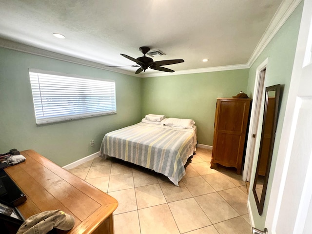 bedroom featuring light tile patterned floors, ornamental molding, and baseboards