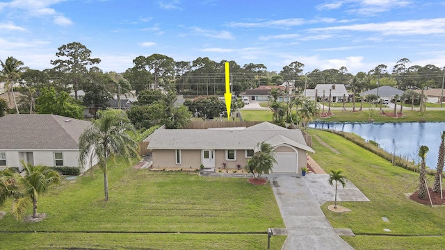 aerial view with a water view and a residential view