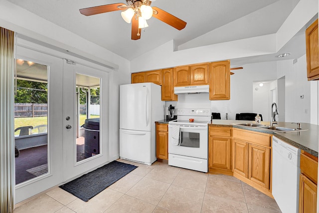 kitchen featuring french doors, light tile patterned floors, a sink, white appliances, and under cabinet range hood