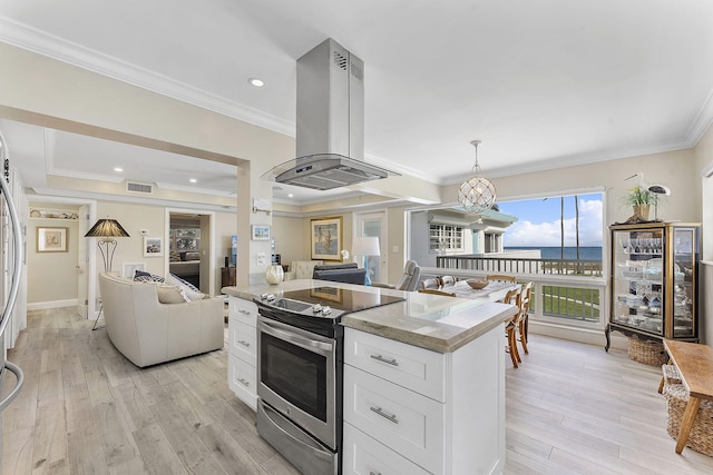 kitchen with crown molding, light wood finished floors, appliances with stainless steel finishes, white cabinetry, and island range hood