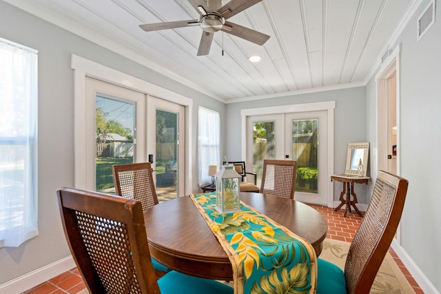 dining area featuring recessed lighting, visible vents, baseboards, french doors, and crown molding