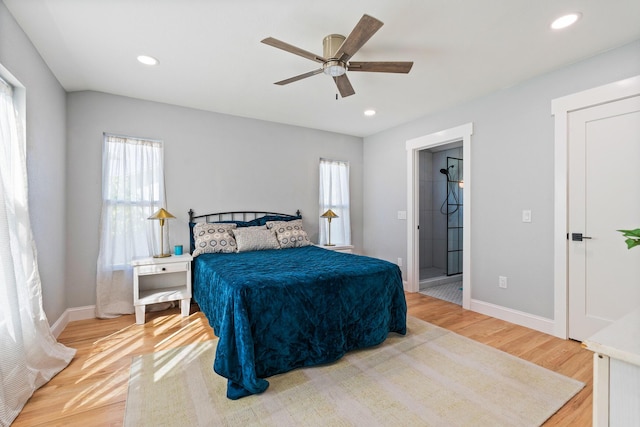 bedroom with ceiling fan, baseboards, wood finished floors, and recessed lighting