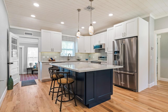 kitchen featuring a center island, visible vents, appliances with stainless steel finishes, wood ceiling, and white cabinetry