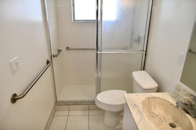 full bath with vanity, a shower stall, toilet, and tile patterned floors