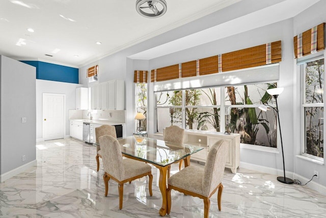 dining area featuring recessed lighting, baseboards, marble finish floor, and crown molding