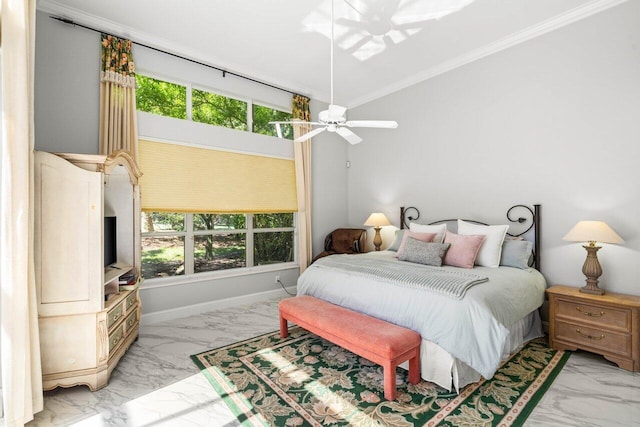 bedroom featuring multiple windows, baseboards, marble finish floor, and ornamental molding