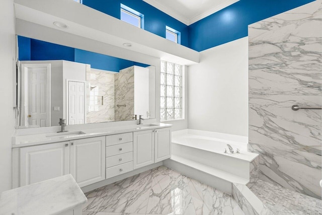 full bathroom featuring a sink, marble finish floor, a bath, and crown molding