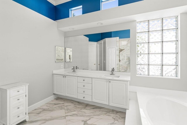 bathroom featuring baseboards, a walk in shower, marble finish floor, and a sink