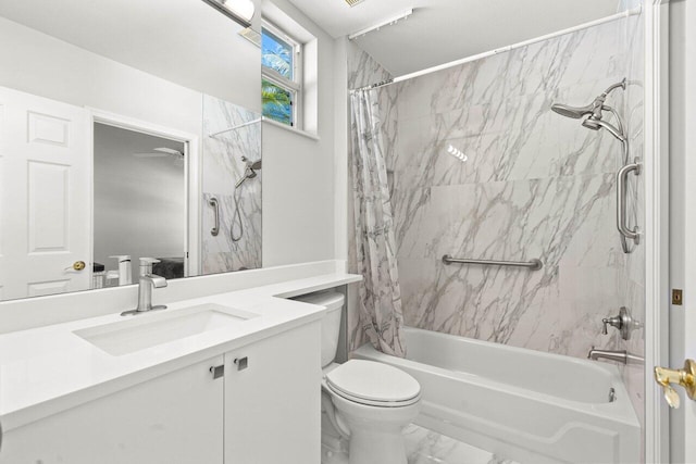 full bath featuring marble finish floor, shower / bath combo with shower curtain, vanity, and toilet