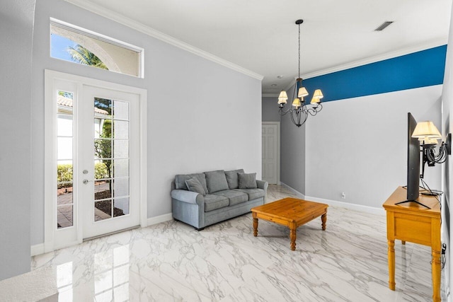 living area with visible vents, baseboards, crown molding, marble finish floor, and a chandelier