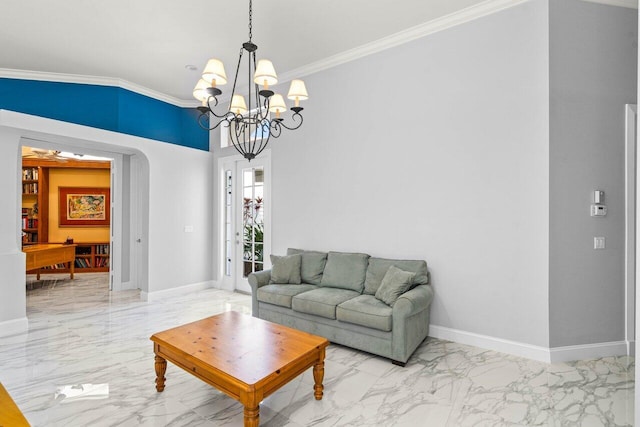 living room with marble finish floor, ornamental molding, arched walkways, an inviting chandelier, and baseboards