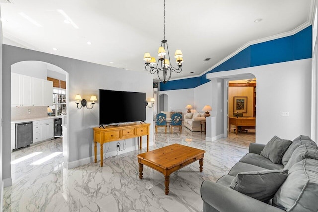 living room featuring arched walkways, marble finish floor, baseboards, and ornamental molding